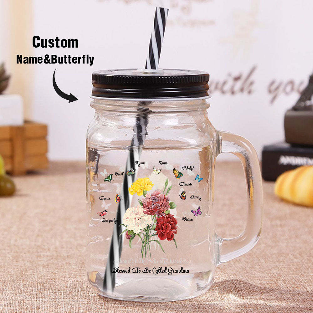 Personalized Birth Butterfly Bouquet Mason Jar with Handle Lid and Straw Birthday Gift for Mom Grandma - soufeelus