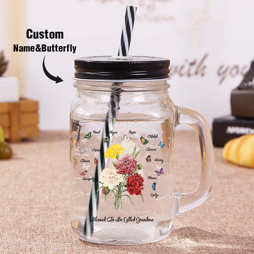 Personalized Birth Butterfly Bouquet Mason Jar with Handle Lid and Straw Birthday Gift for Mom Grandma - soufeelus