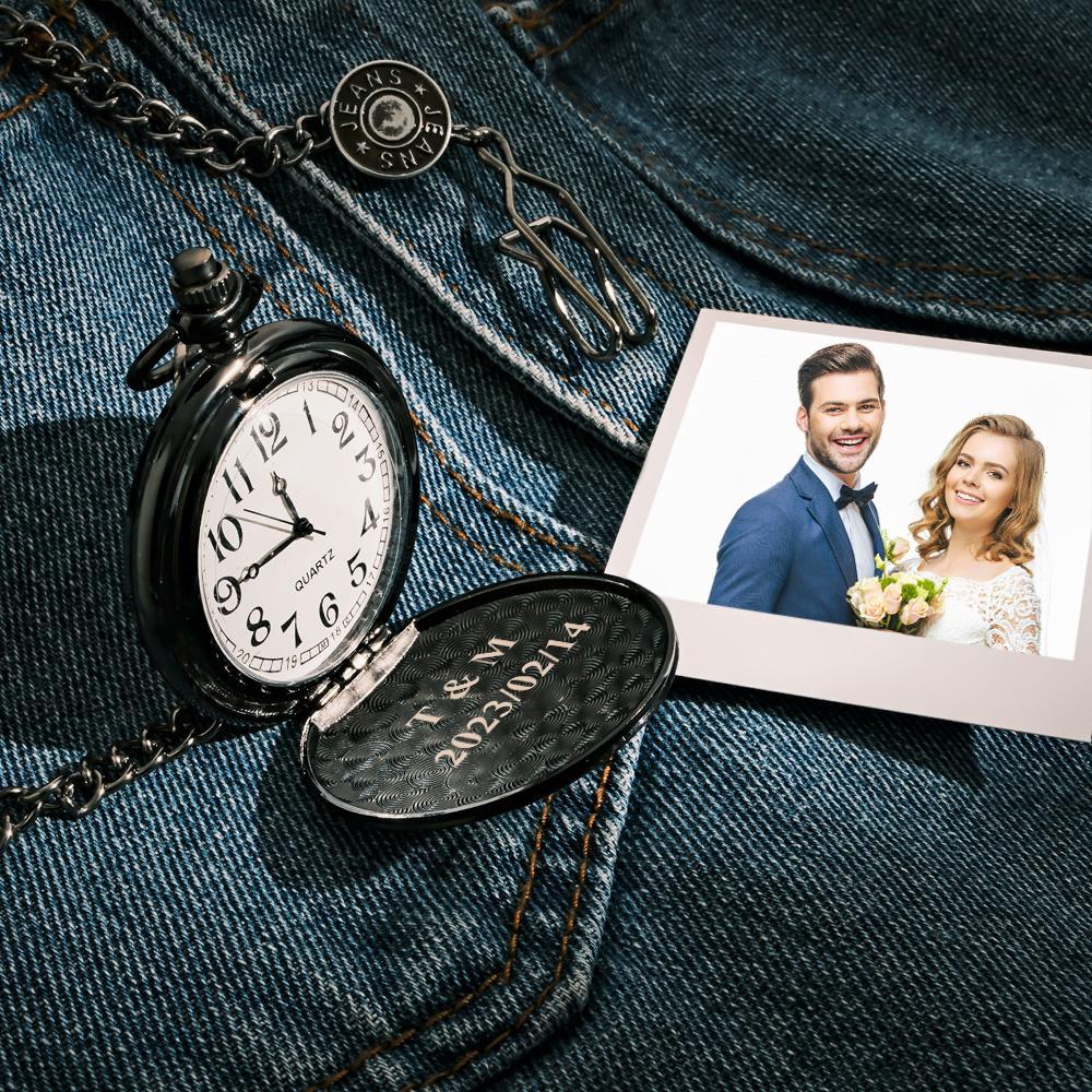 Pocket Watch Engraved Photo Custom Calendar Anniversary Personalised Gift for Couple - soufeelus