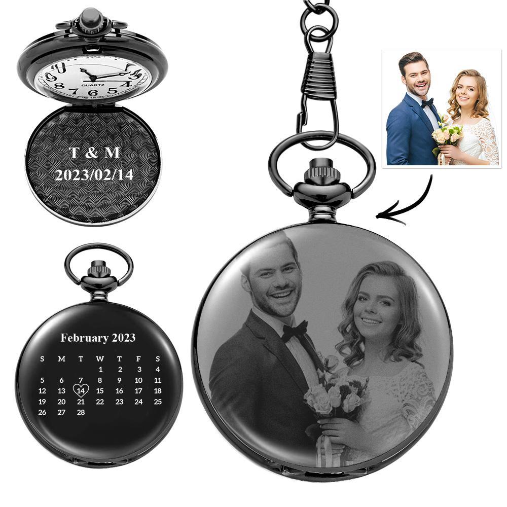 Pocket Watch Engraved Photo Custom Calendar Anniversary Personalised Gift for Couple - soufeelus