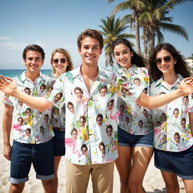 Custom Face Hawaiian Shirt Men's All Over Print Aloha Shirt Gift - Romantic Hawaiian and Flamingos
