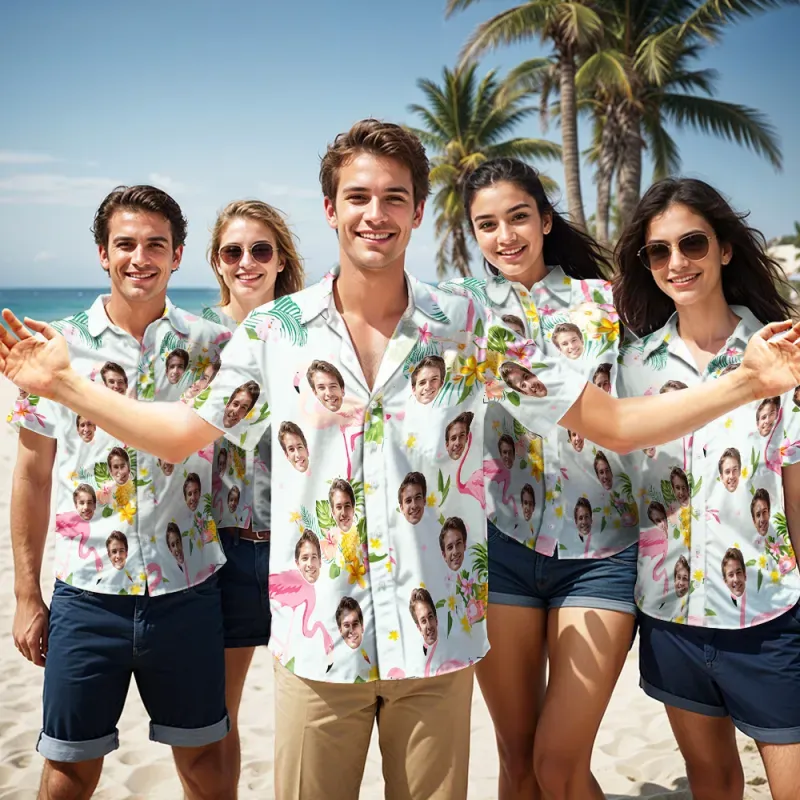 Custom Vintage Hawaiian Shirts Face Beach Shirt Photo & Print Button-Down Shirt With Leaves & Coconut Tree