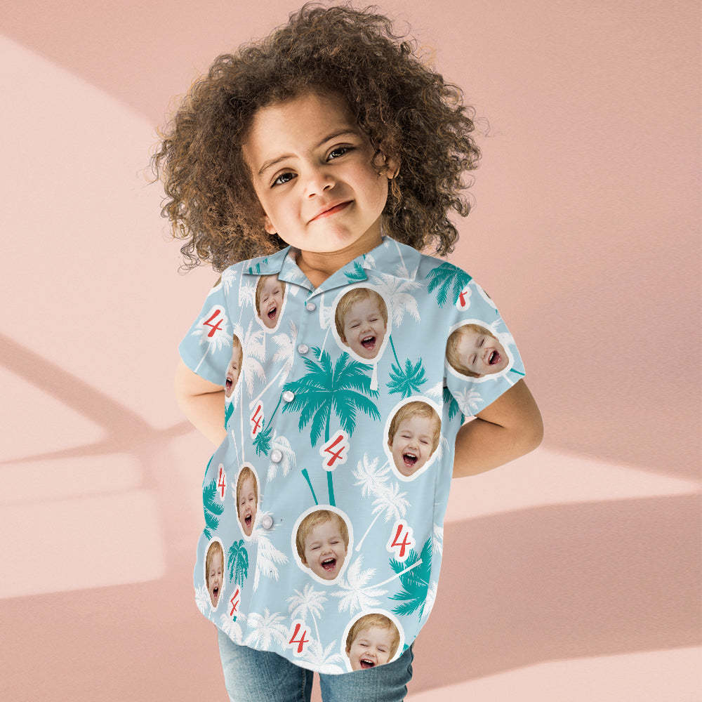 Custom Face And Number Kid's Birthday Hawaiian Shirts Red And White Coconut Tree Shirts Birthday Gift - MyHawaiianShirts