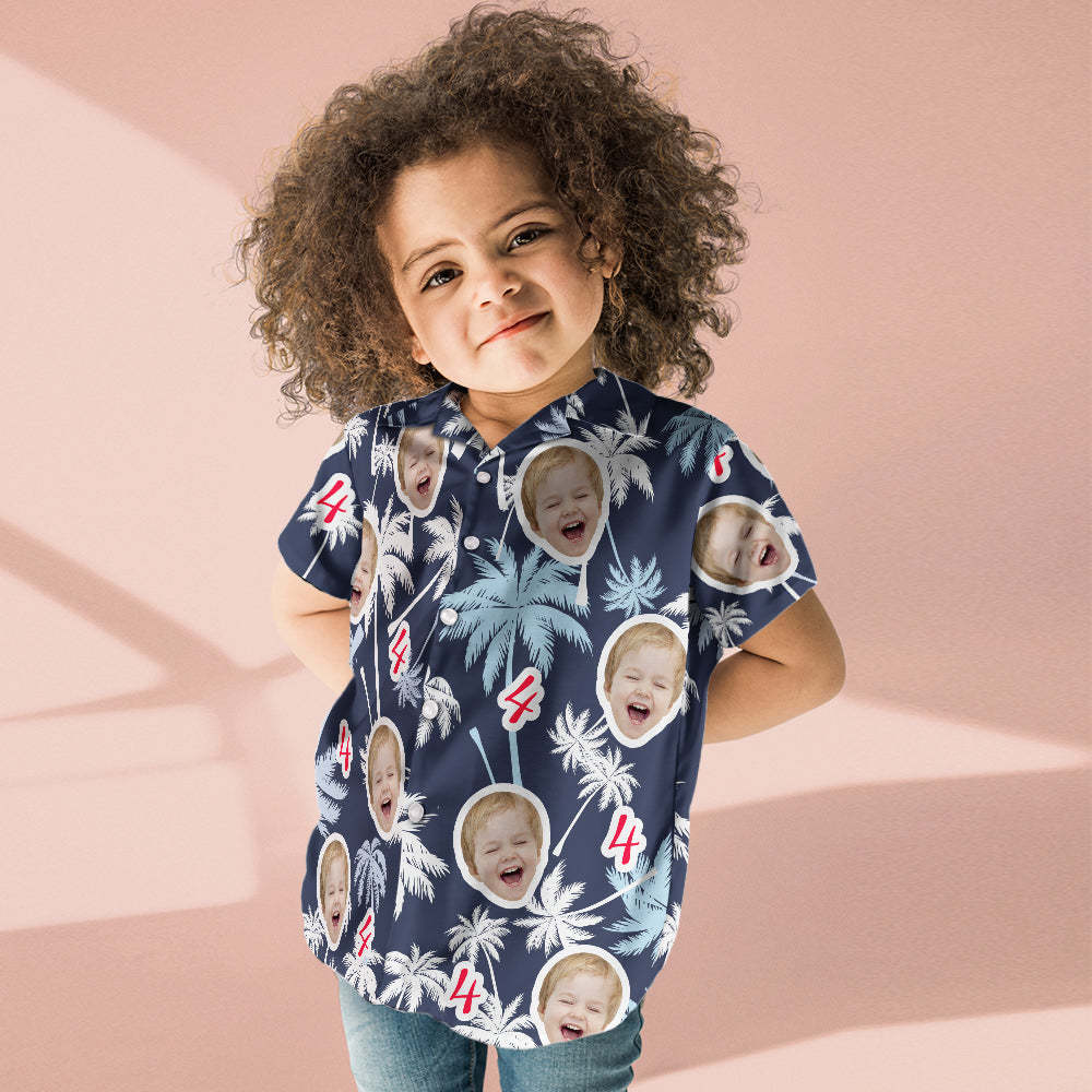 Custom Face And Number Kid's Birthday Hawaiian Shirts Red And White Coconut Tree Shirts Birthday Gift - MyHawaiianShirts