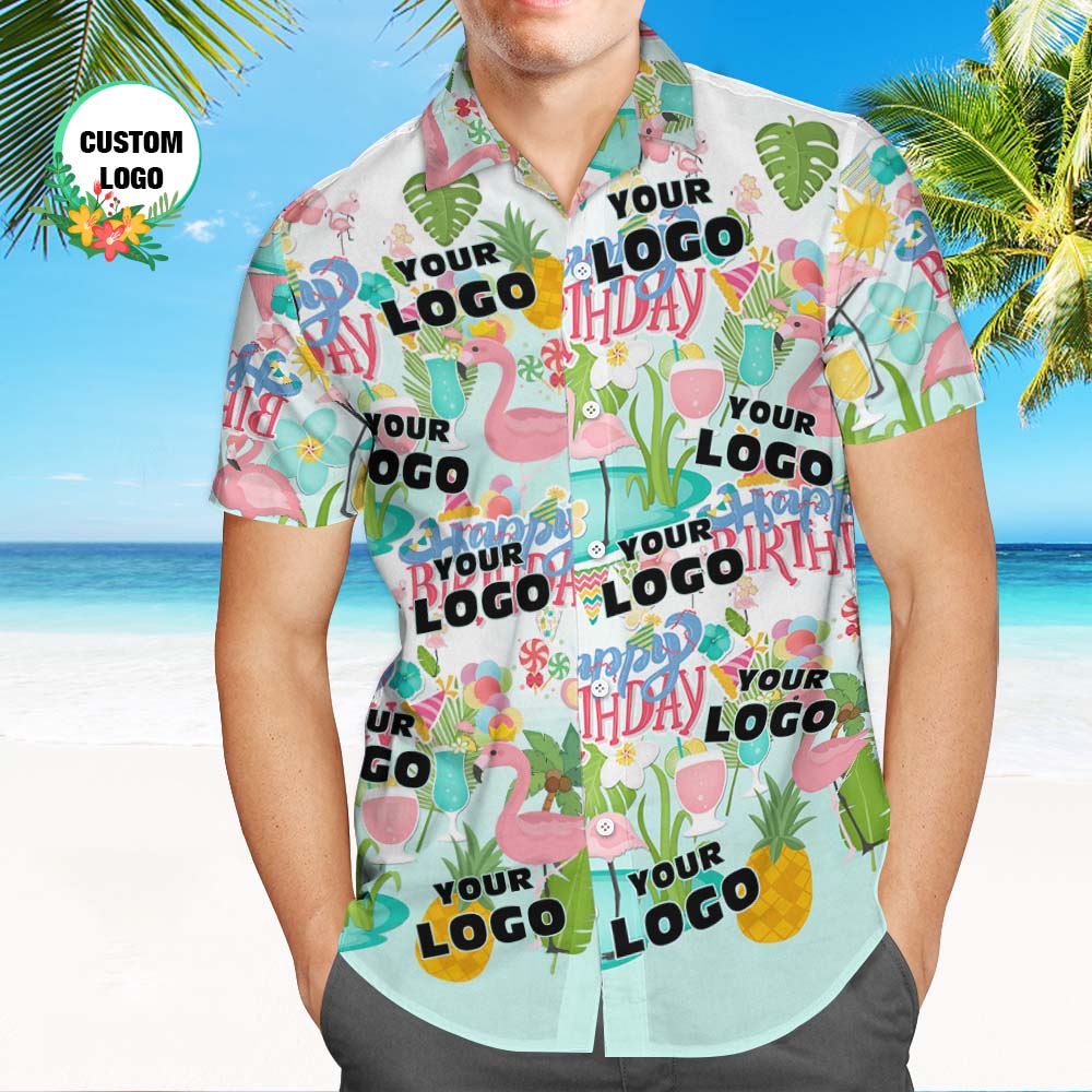 Custom Happy Birthday Logo Hawaiian Shirt Flamingo Party Personalized Logo Shirt