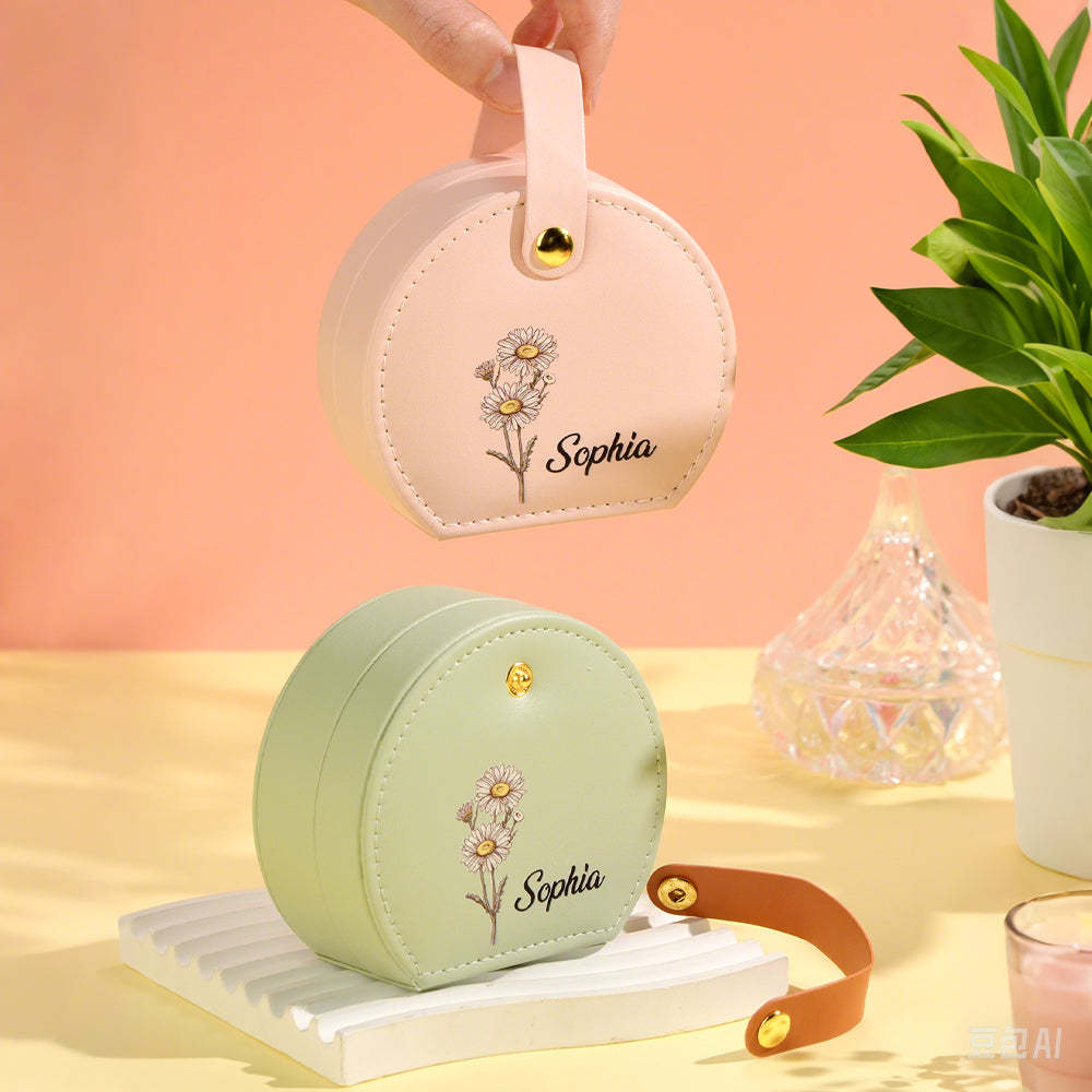 Personalized Birth Flower Jewelry Box with Name Leather Jewelry Box Birthday Gift for Her - soufeelus