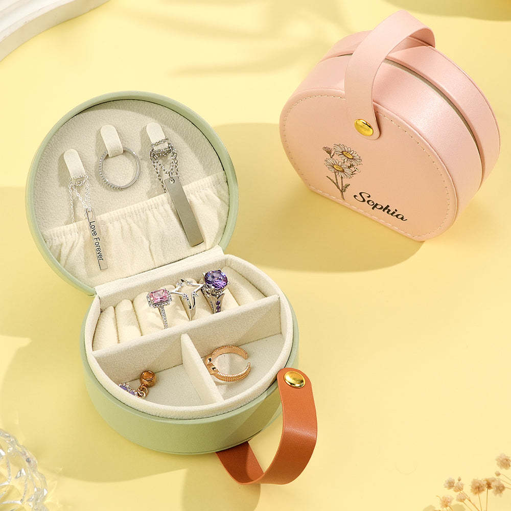Personalized Birth Flower Jewelry Box with Name Leather Jewelry Box Birthday Gift for Her - soufeelus