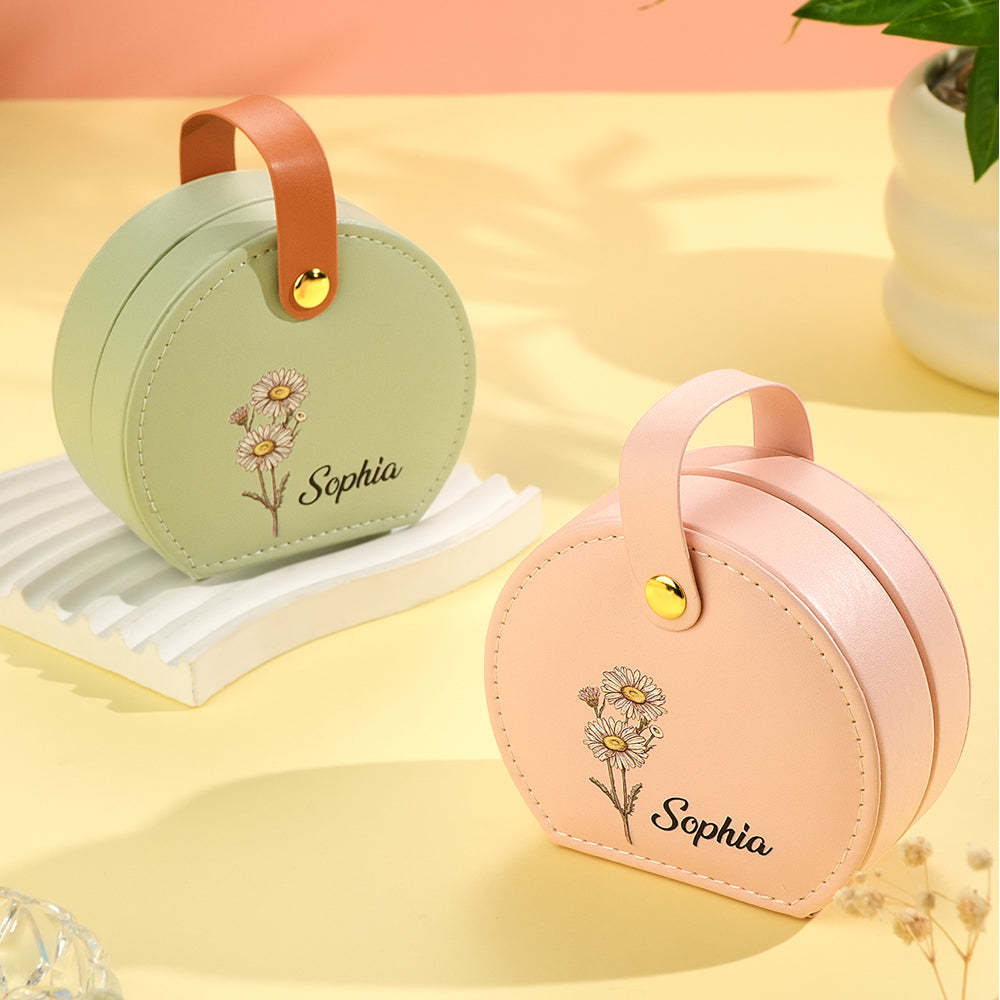 Personalized Birth Flower Jewelry Box with Name Leather Jewelry Box Birthday Gift for Her - soufeelus
