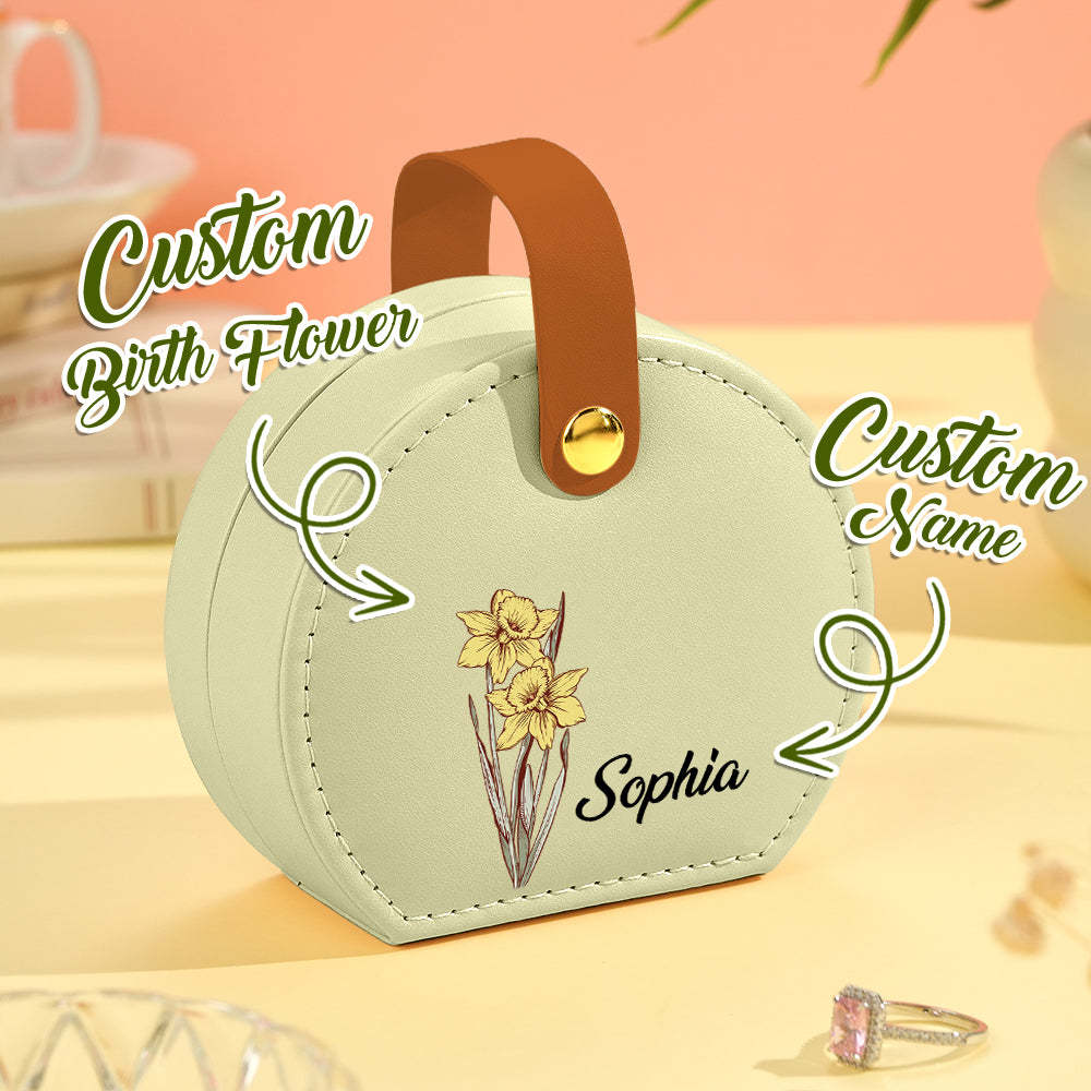 Personalized Birth Flower Jewelry Box with Name Leather Jewelry Box Birthday Gift for Her - soufeelus