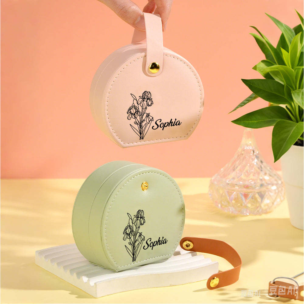 Personalized Birth Flower Leather Jewelry Box with Name Jewelry Box Gift for Her - soufeelus