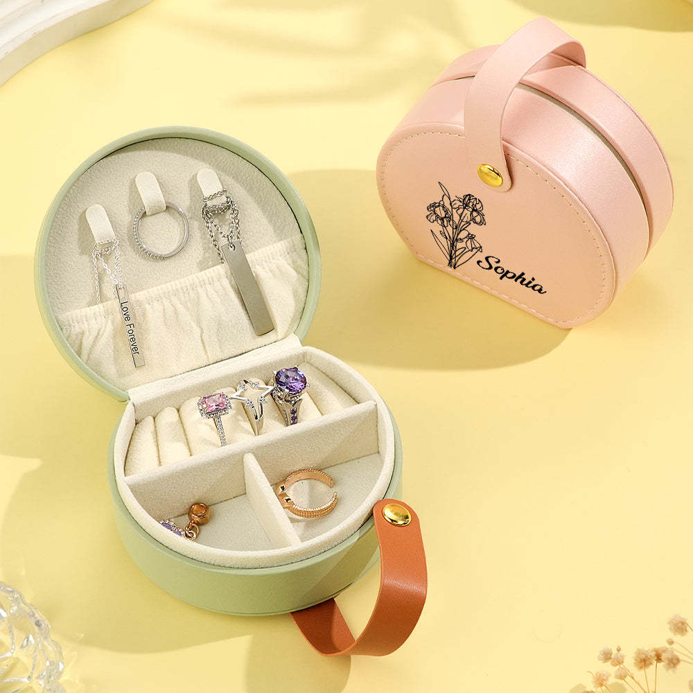 Personalized Birth Flower Leather Jewelry Box with Name Jewelry Box Gift for Her - soufeelus