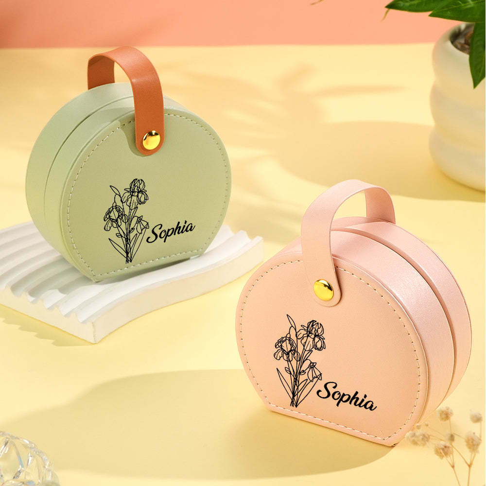 Personalized Birth Flower Leather Jewelry Box with Name Jewelry Box Gift for Her - soufeelus