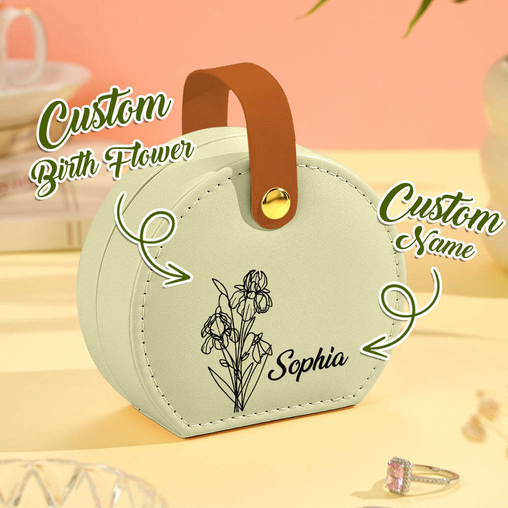 Personalized Birth Flower Leather Jewelry Box with Name Jewelry Box Gift for Her - soufeelus