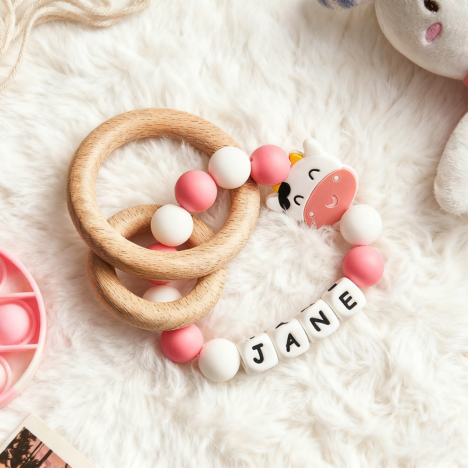 Personalized Baby Toy Ring Baby Sensory Toy Gift Wooden Ring With Name Custom Name Rattle Toy Personalized Wooden Baby Toy Ring