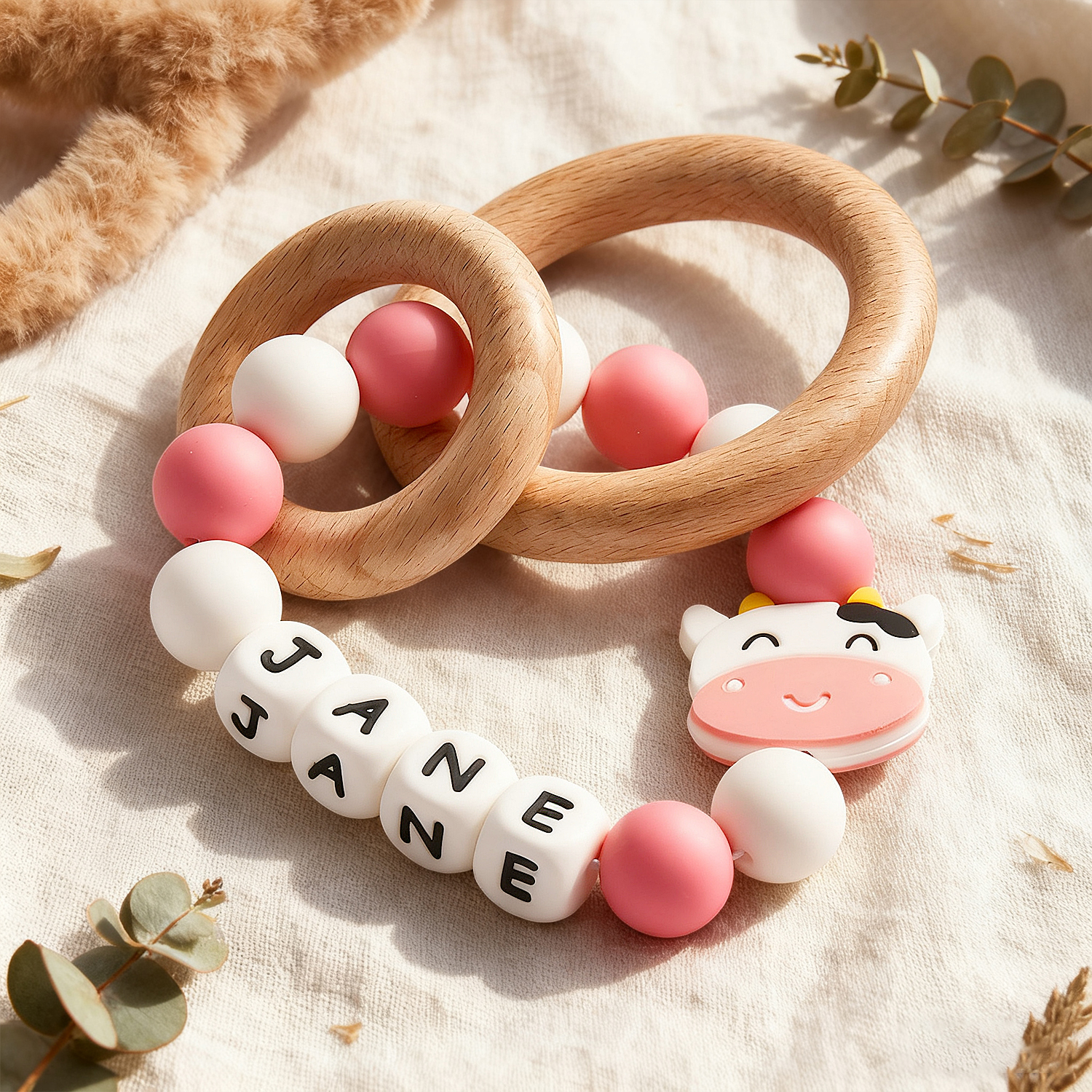 Personalized Baby Toy Ring Baby Sensory Toy Gift Wooden Ring With Name Custom Name Rattle Toy Personalized Wooden Baby Toy Ring