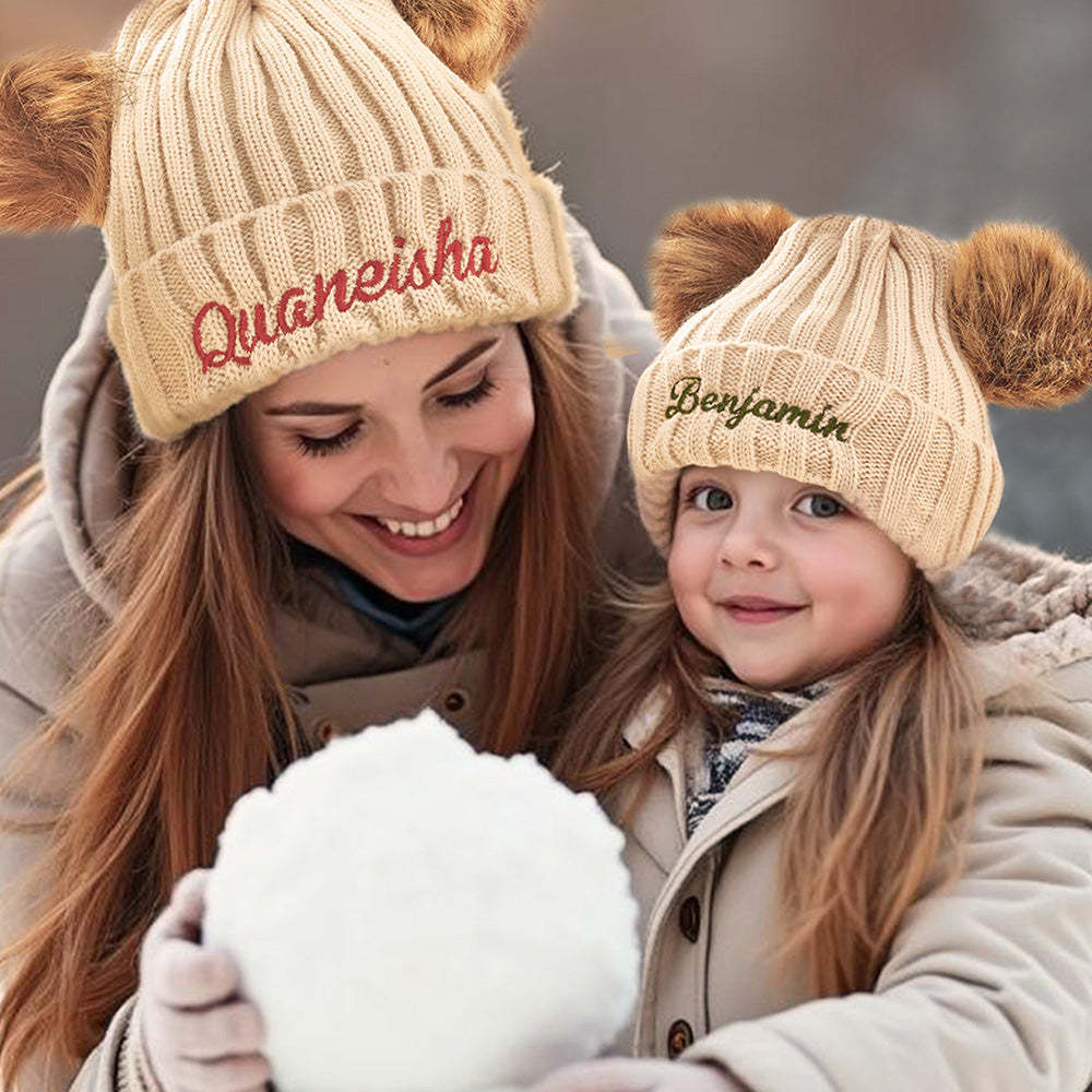 Personalized Mom and Baby Warm Beanie Hats Cotton Knitted Parent-Child Hat with Embroidered Names - soufeelus