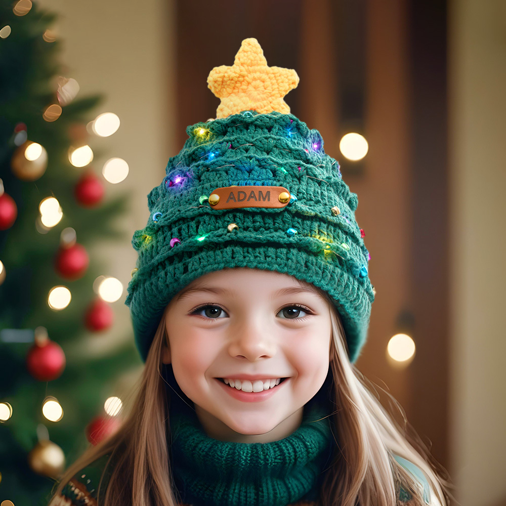 Custom Leather Patch Christmas Tree Crochet Hat Gifts for Children Christmas Gifts