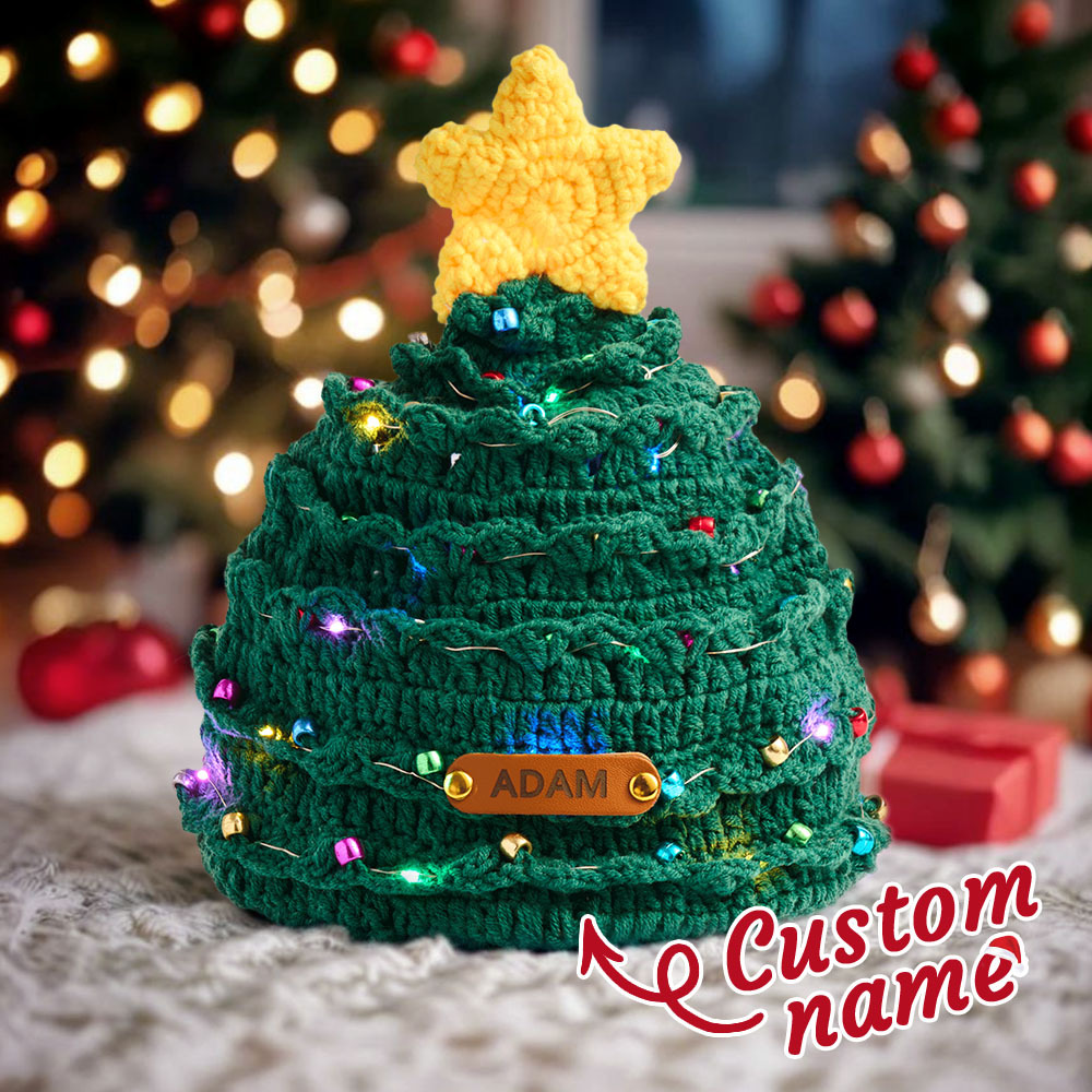 Custom Leather Patch Christmas Tree Crochet Hat Gifts for Children Christmas Gifts
