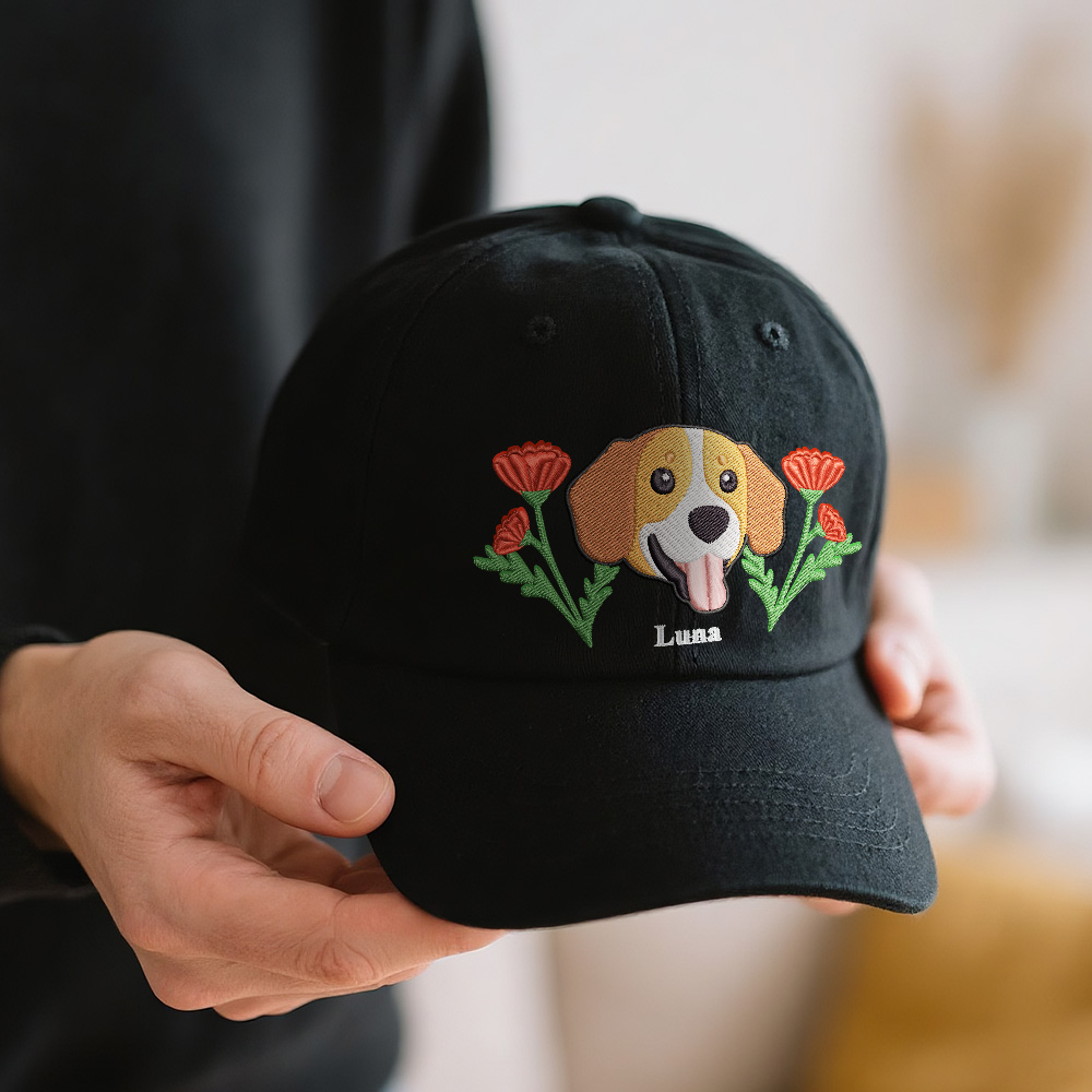 Personalized  Embroidered-Style Pet Portrait Baseball Cap – Custom Name & Birth Flower | 100% Cotton Gift for Pet Lovers