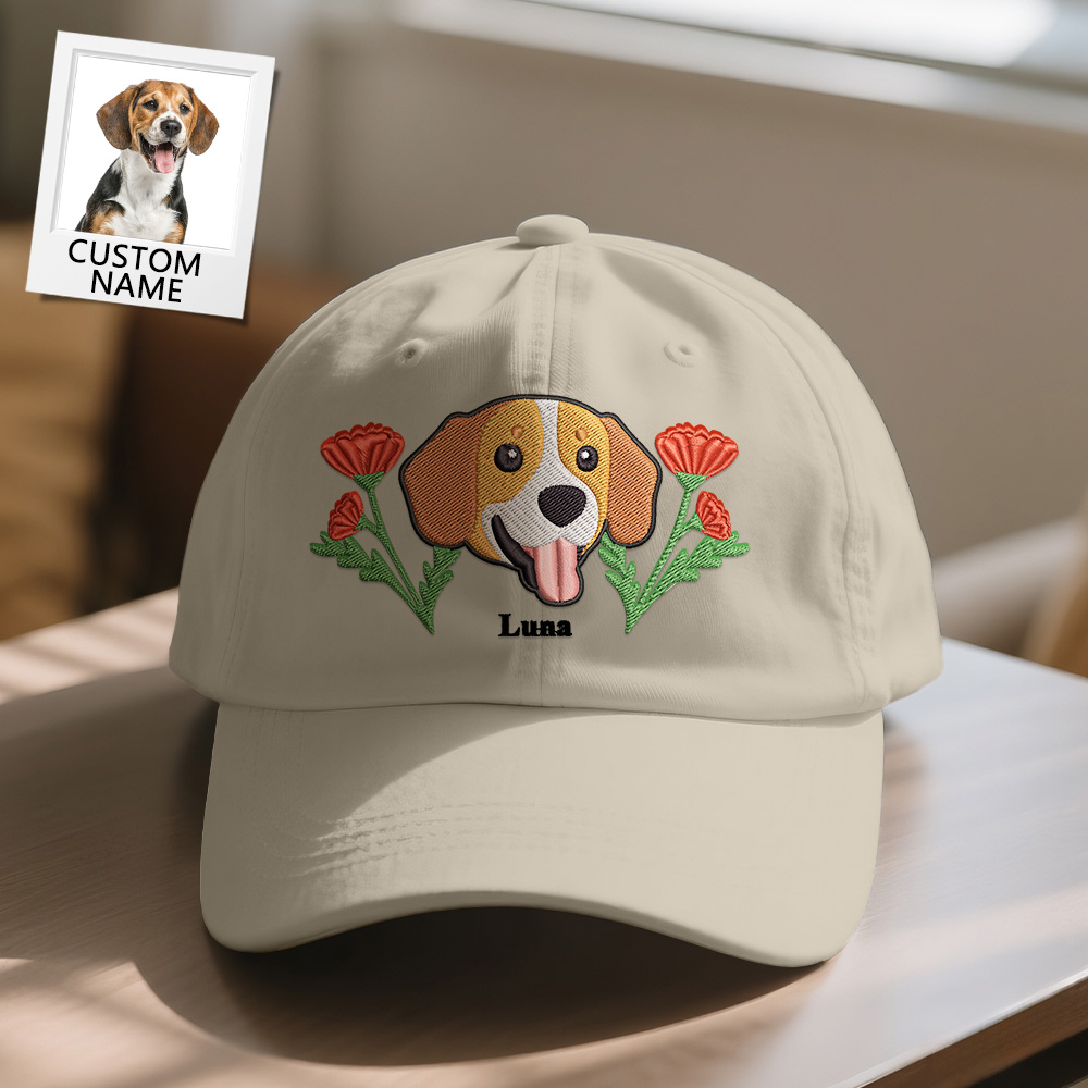 Personalized  Embroidered-Style Pet Portrait Baseball Cap – Custom Name & Birth Flower | 100% Cotton Gift for Pet Lovers