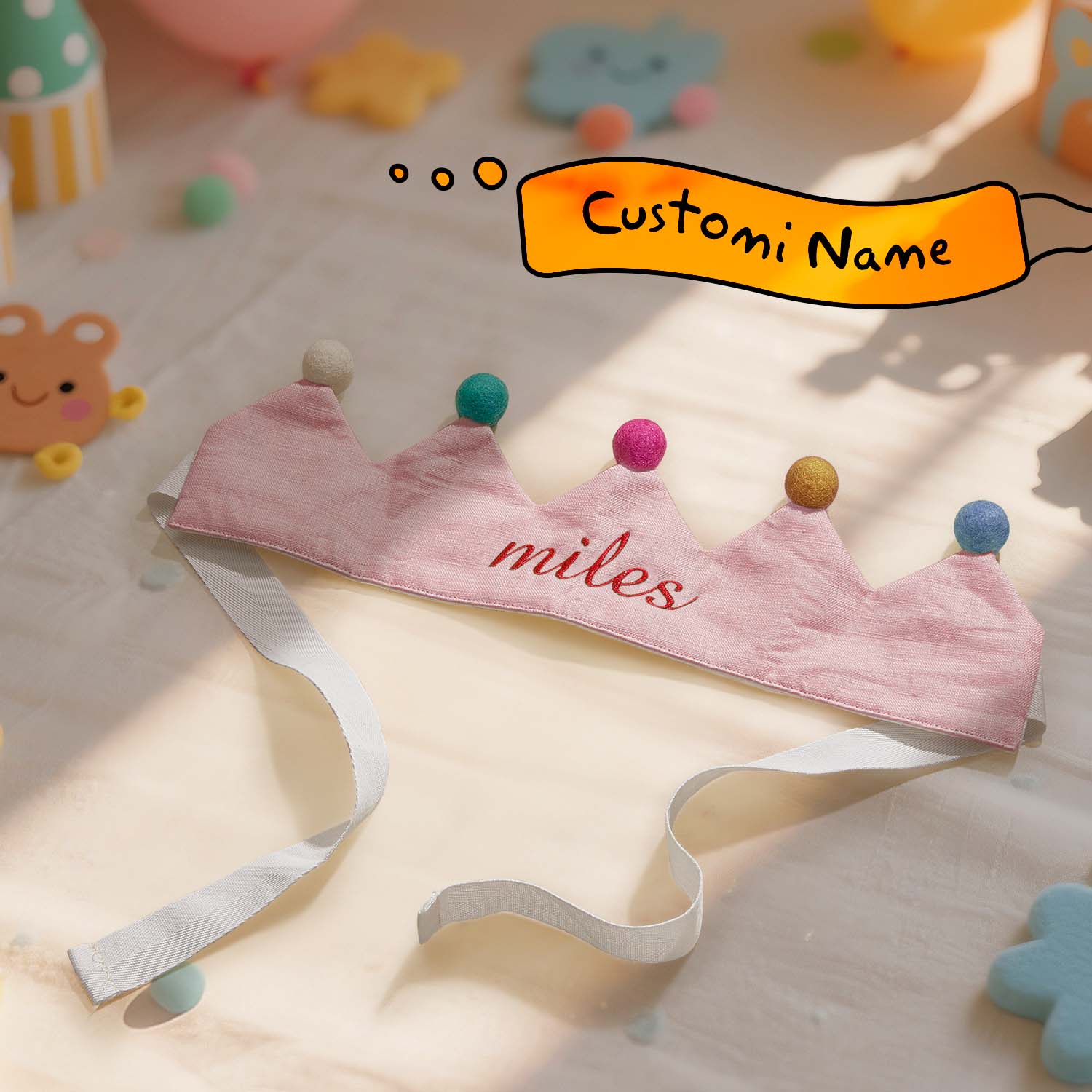Custom Name Embroidered Linen Crown for Kids and Children's Birthdays Keepsake for First Birthday Party Birthday Gift detail
