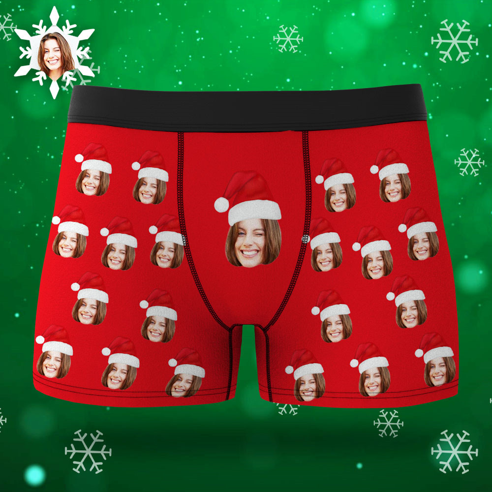 Custom Face Boxers Shorts With Christmas hat Personalized Photo Underwear Christmas Gift For Men AR View Gift - soufeelus