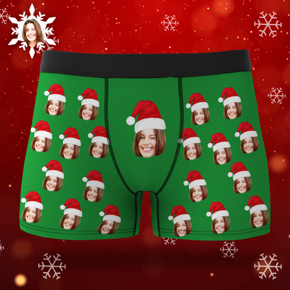 Custom Face Boxers Shorts With Christmas hat Personalized Photo Underwear Christmas Gift For Men AR View Gift - soufeelus