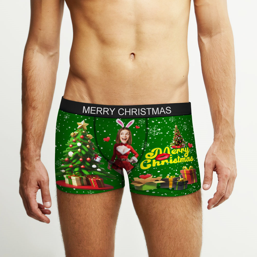 Custom Photo Boxer Santa Bunny Girl Face Underwear Couple Gifts Christmas Gift AR View - soufeelus