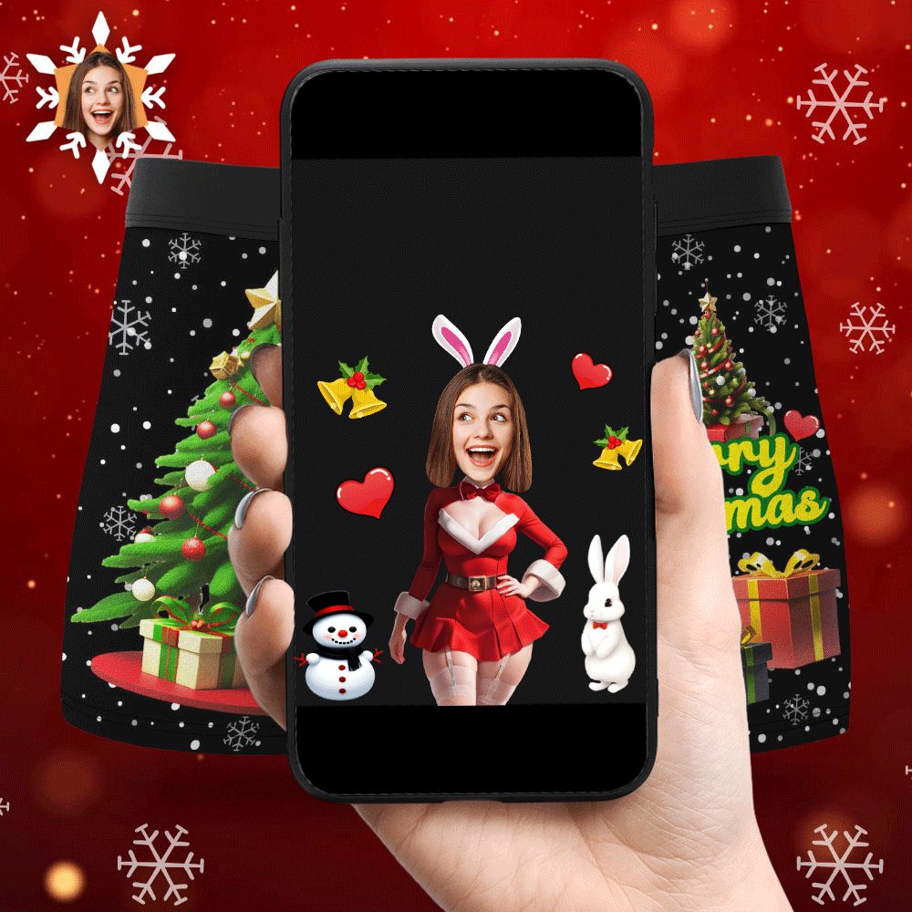 Custom Photo Boxer Santa Bunny Girl Face Underwear Couple Gifts Christmas Gift AR View