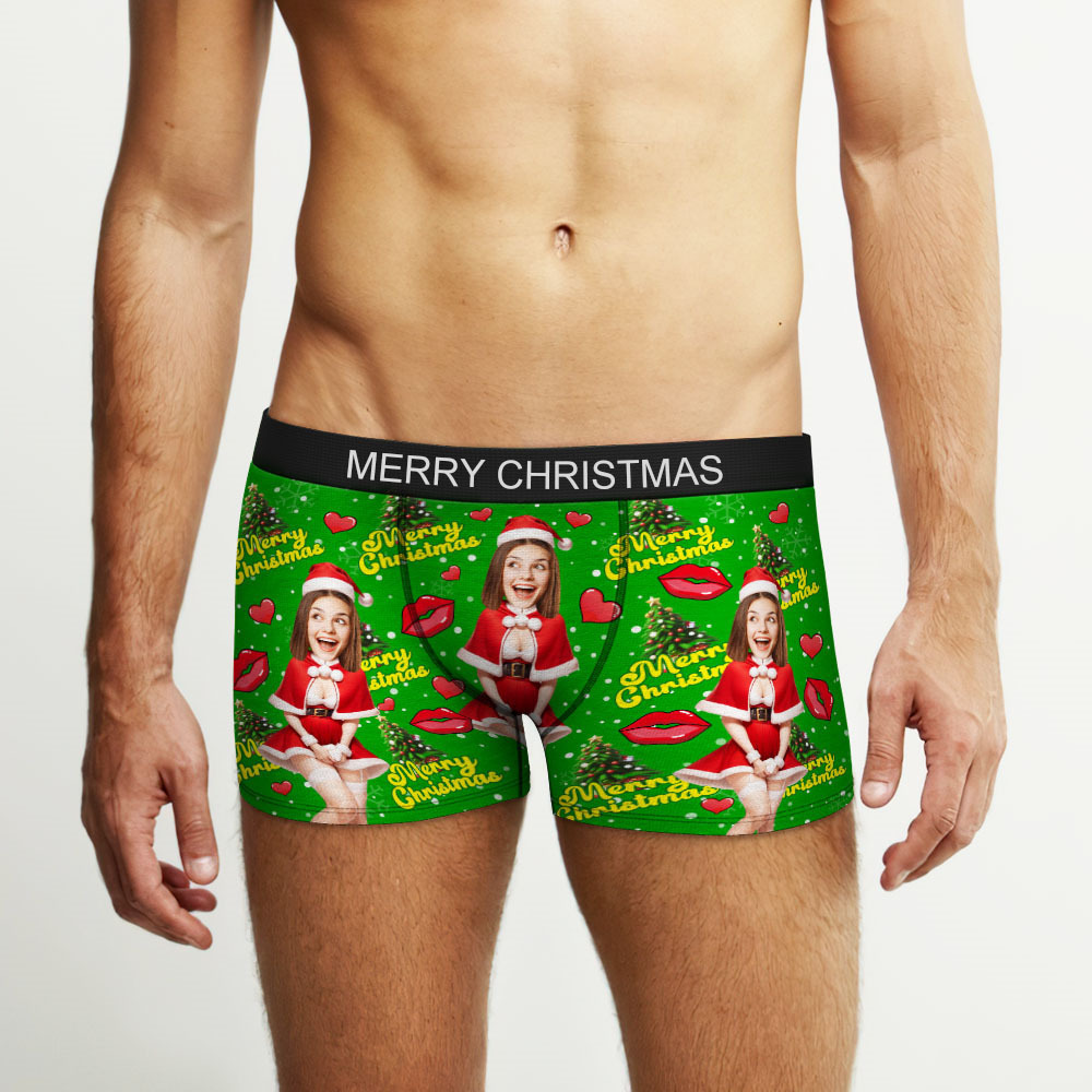 Custom Photo Boxer Santa Woman Face Underwear Couple Gifts Christmas Gift AR View - soufeelus