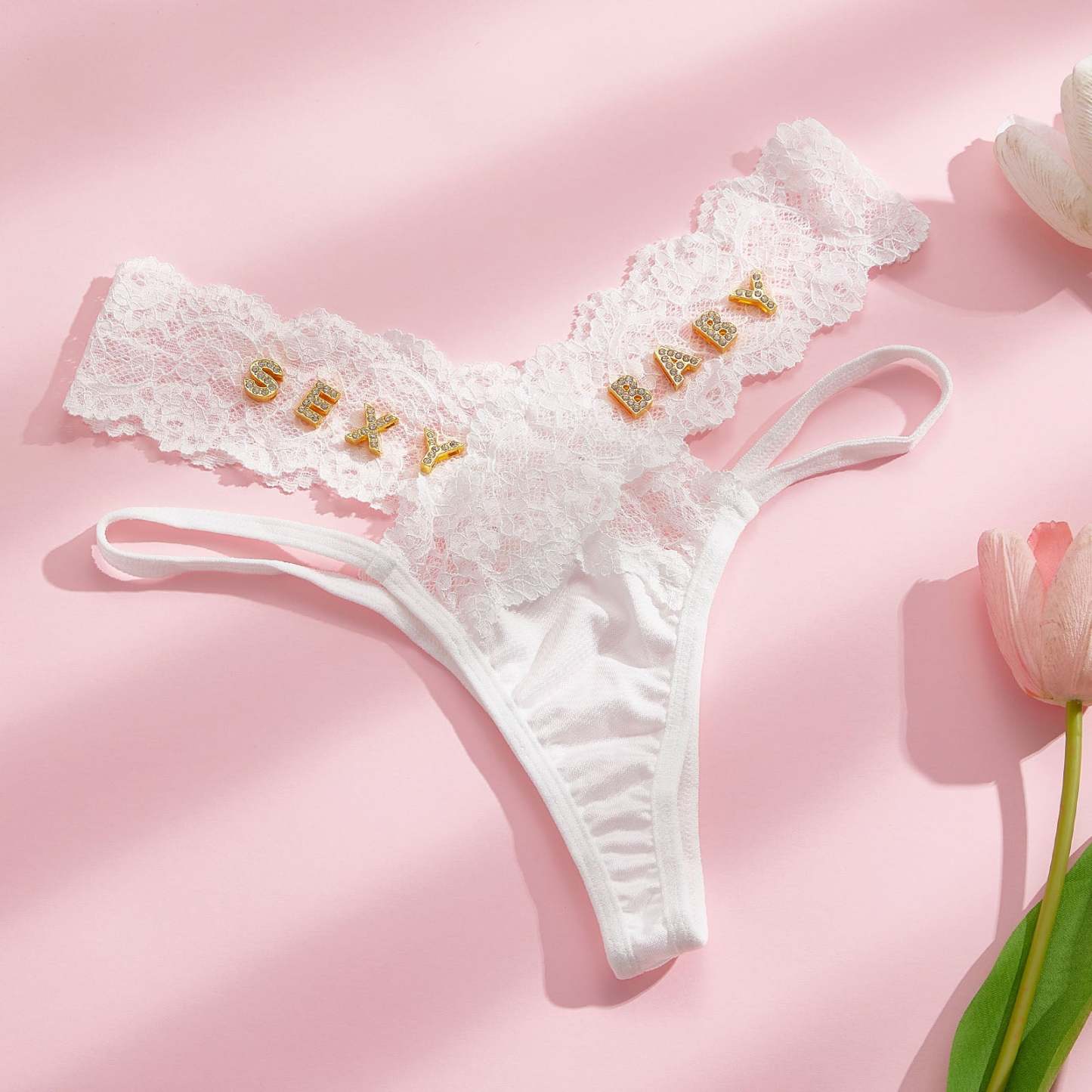 Custom Rhinestone Alphabet Thong French Lace Thong - soufeelus