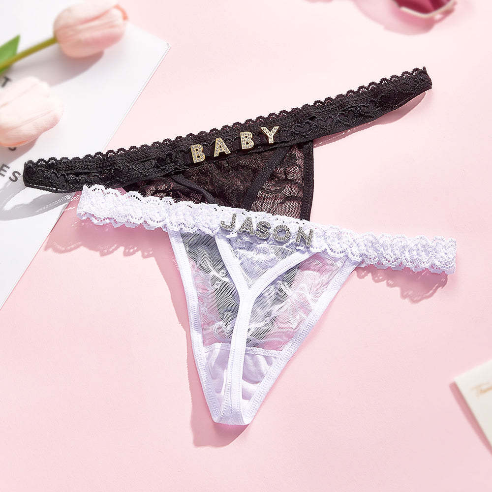 Custom Rhinestone Letter Thong Personalized Name Lace Panties - soufeelus