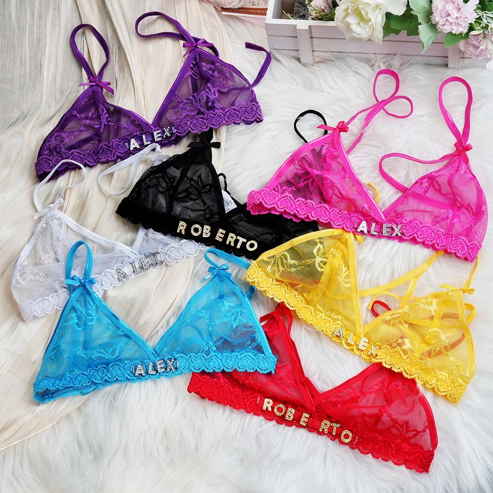 Custom Lace bra with Jewelry Crystal Letter Name Lace transparent underwear Gift for Her