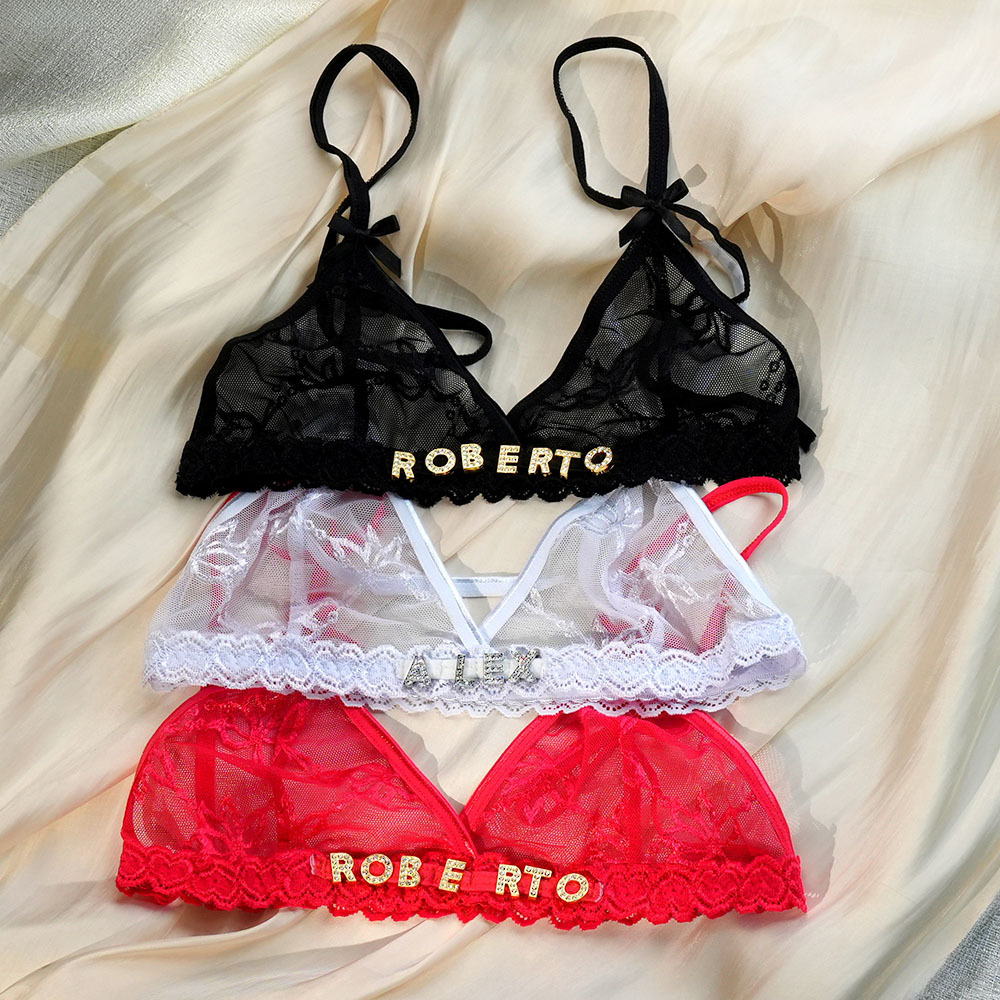 Custom Lace bra with Jewelry Crystal Letter Name Lace transparent underwear Gift for Her