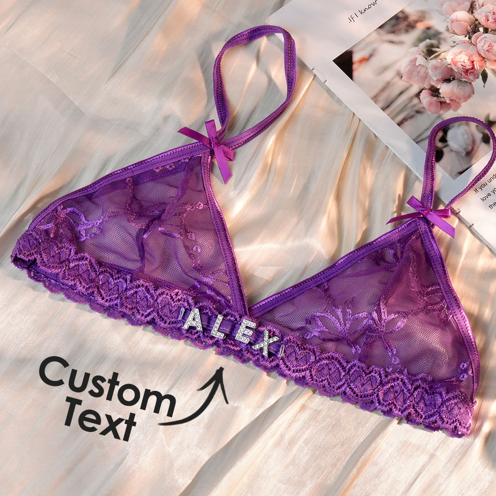 Custom Lace bra with Jewelry Crystal Letter Name Lace transparent underwear Gift for Her
