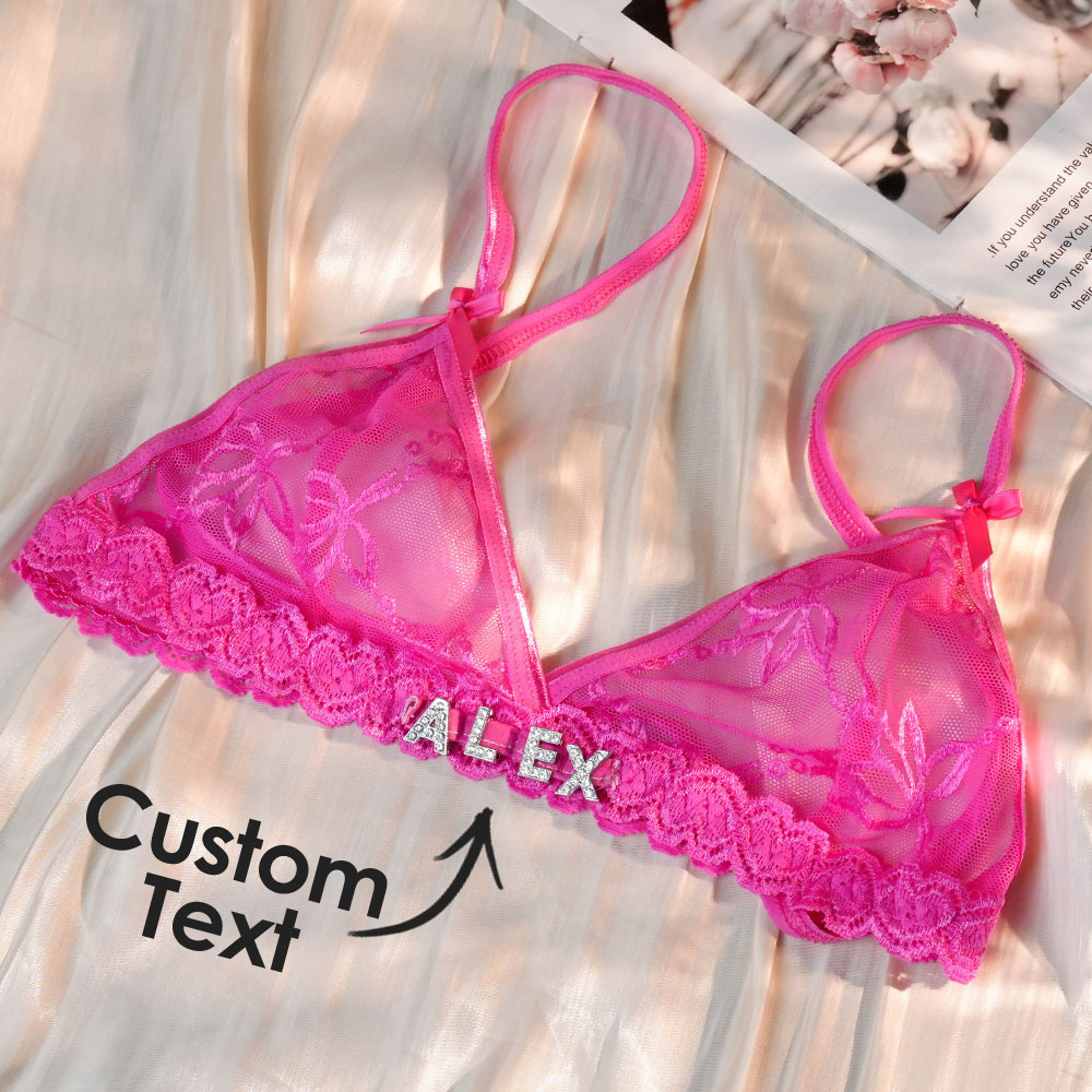 Custom Lace bra with Jewelry Crystal Letter Name Lace transparent underwear Gift for Her