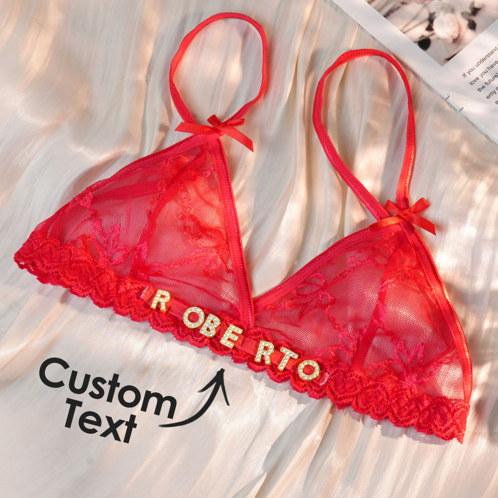 Custom Lace bra with Jewelry Crystal Letter Name Lace transparent underwear Gift for Her