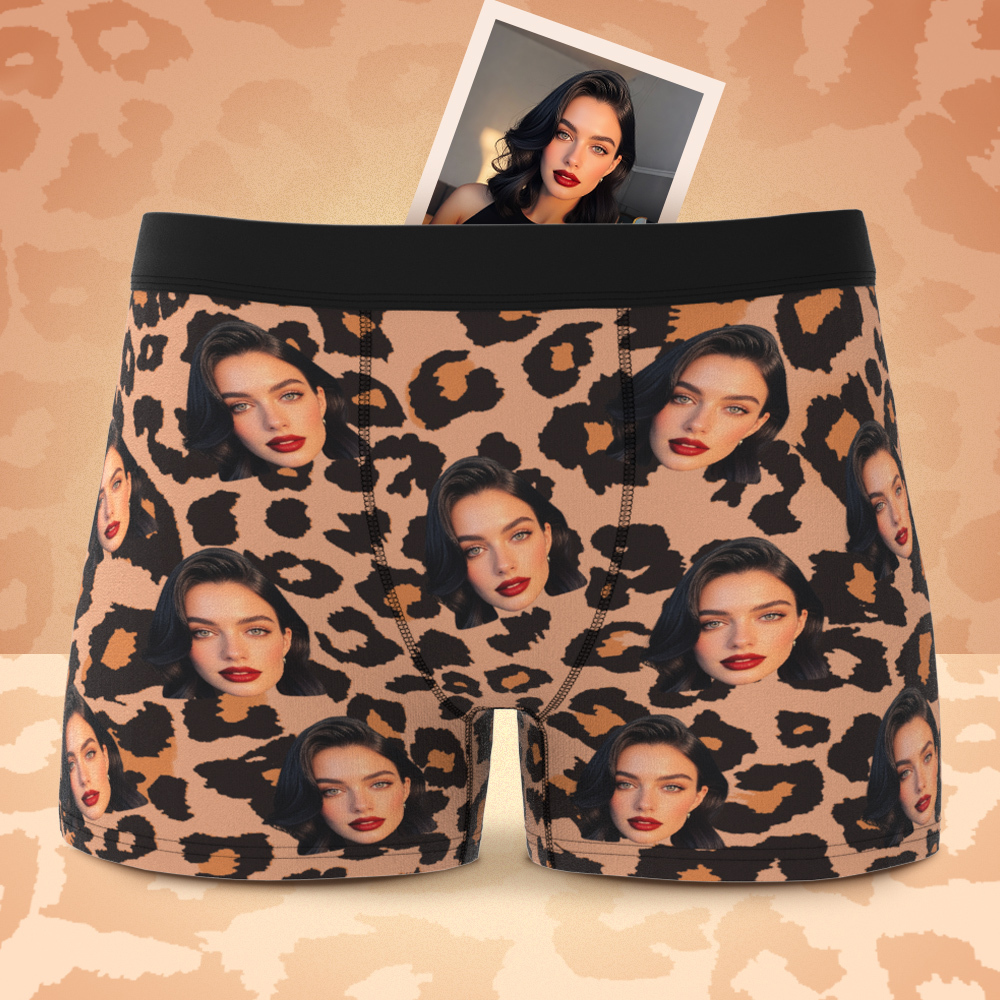 Custom Face Boxer Sexy Leopard Underwear Personalized Boxer Briefs Gift for Boyfriend Valentine's Gift - soufeelus