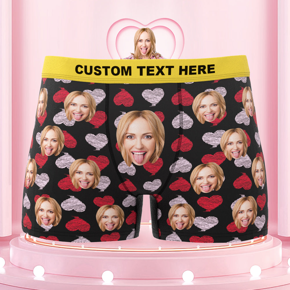 Custom Face Boxer Shorts Colorful Waistband Boxer Briefs Red and Pink Hearts Gifts For Him - soufeelus