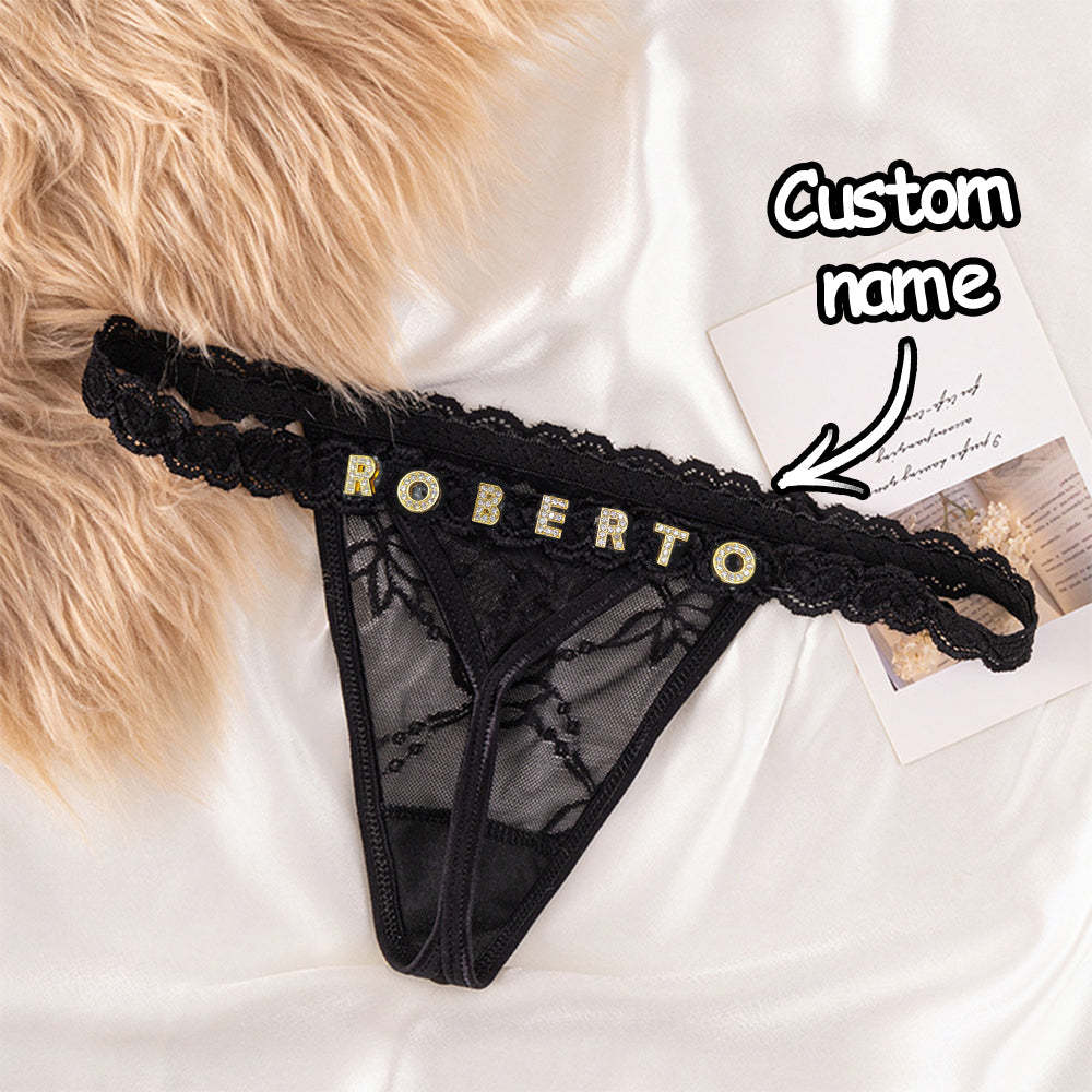 Custom Lace Thongs with Jewelry Crystal Letter Name Gift for Her - soufeelus