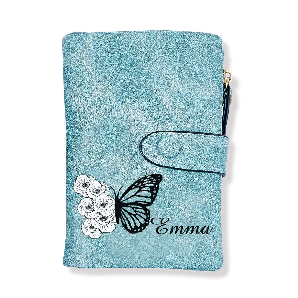 Custom Tri-Fold Butterfly Birth Flower Leather Wallet with Coin Holder Personalized Mother's Day Gift for Woman - soufeelus