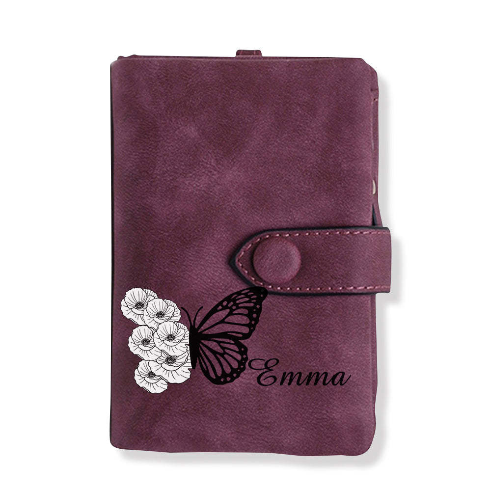 Custom Tri-Fold Butterfly Birth Flower Leather Wallet with Coin Holder Personalized Mother's Day Gift for Woman - soufeelus