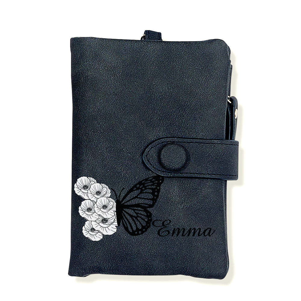 Custom Tri-Fold Butterfly Birth Flower Leather Wallet with Coin Holder Personalized Mother's Day Gift for Woman - soufeelus