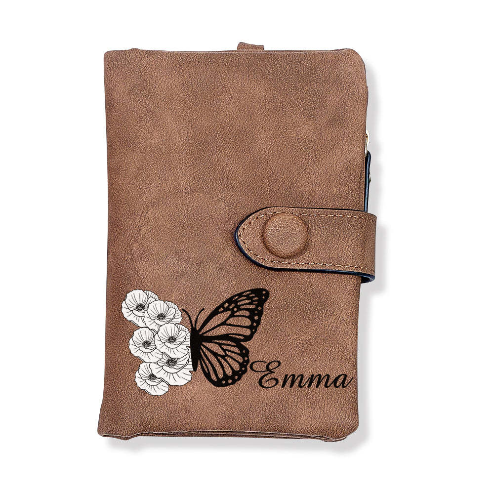 Custom Tri-Fold Butterfly Birth Flower Leather Wallet with Coin Holder Personalized Mother's Day Gift for Woman - soufeelus