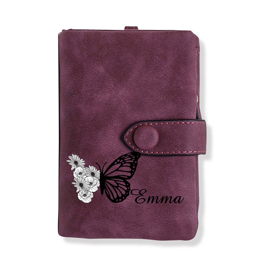 Custom Tri-Fold Butterfly Birth Flower Leather Wallet with Coin Holder Personalized Mother's Day Gift for Woman - soufeelus