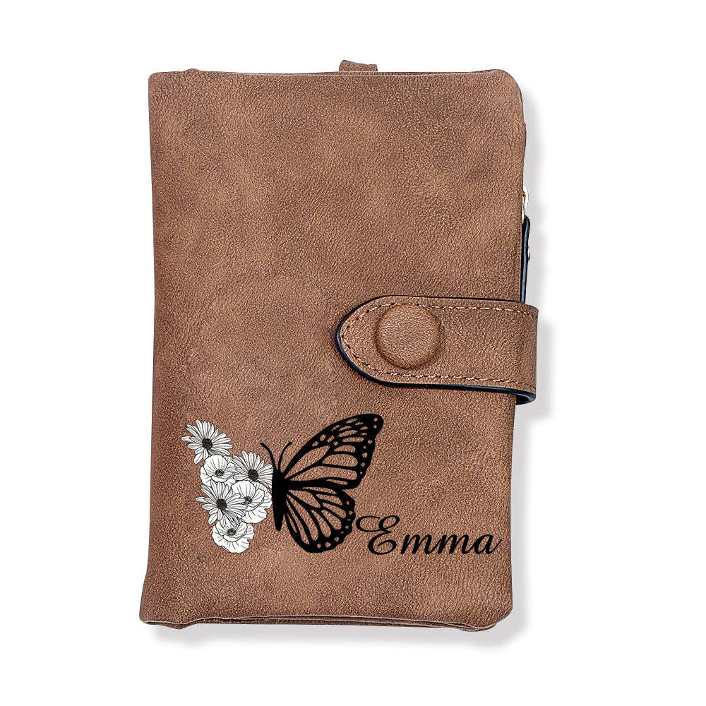 Custom Tri-Fold Butterfly Birth Flower Leather Wallet with Coin Holder Personalized Mother's Day Gift for Woman - soufeelus