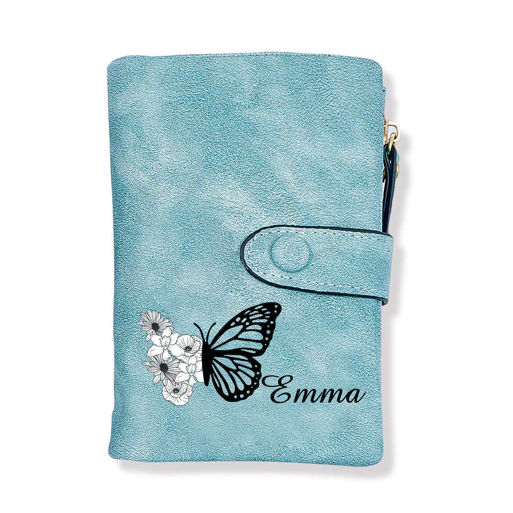 Custom Tri-Fold Butterfly Birth Flower Leather Wallet with Coin Holder Personalized Mother's Day Gift for Woman - soufeelus