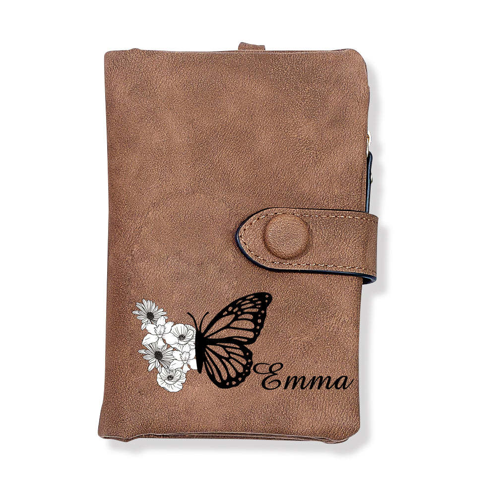 Custom Tri-Fold Butterfly Birth Flower Leather Wallet with Coin Holder Personalized Mother's Day Gift for Woman - soufeelus