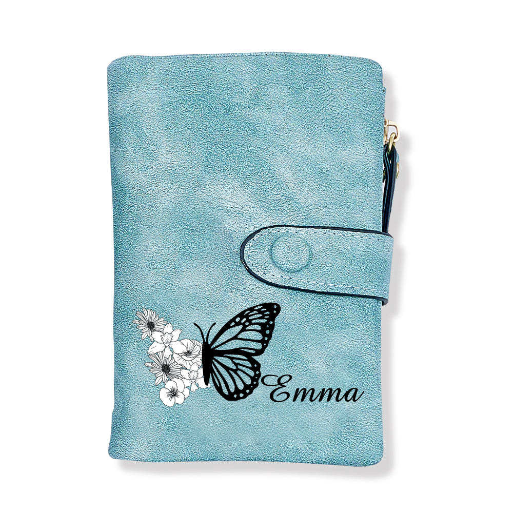 Custom Tri-Fold Butterfly Birth Flower Leather Wallet with Coin Holder Personalized Mother's Day Gift for Woman - soufeelus