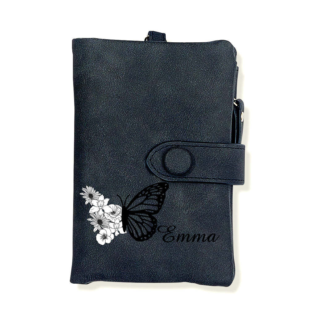 Custom Tri-Fold Butterfly Birth Flower Leather Wallet with Coin Holder Personalized Mother's Day Gift for Woman - soufeelus